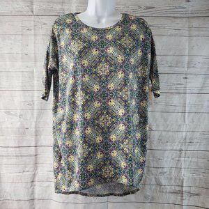 LuLaRoe Womens Irma Top Sz 2XS Blue Green Kaleidoscope Short Sleeve